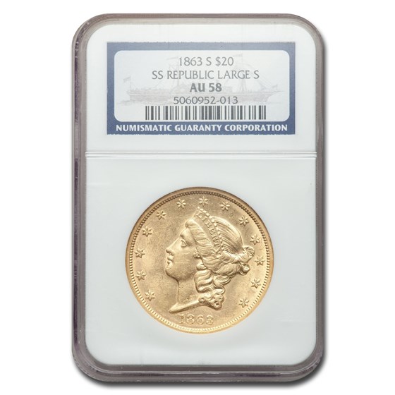 1863-S $20 Liberty Gold Double Eagle AU-58 NGC (SS Republic Lg S) 1863-S $20 Liberty Gold Double Eagle AU-58 NGC (SS Republic Lg S)